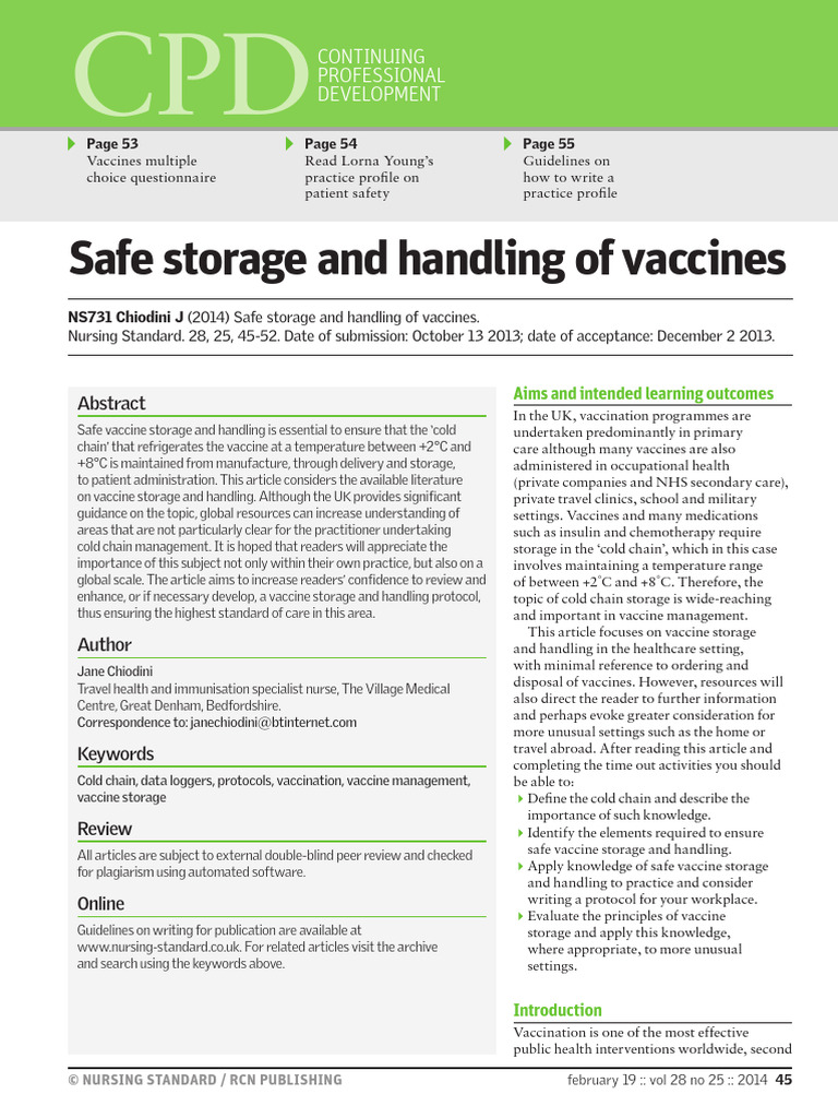 Safe Storage and Handling of Vaccines Nursing Standard | PDF | Vaccines ...