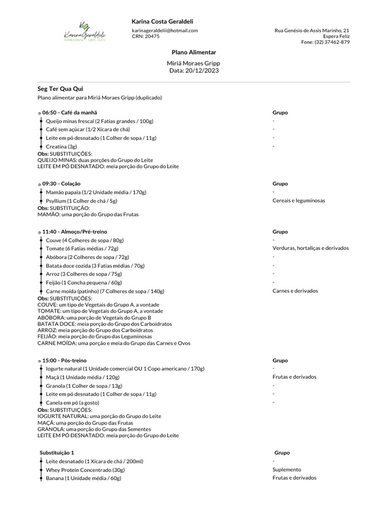 Plano Alimentar Semanal Miriã Gripp | PDF | Legumes | Leite
