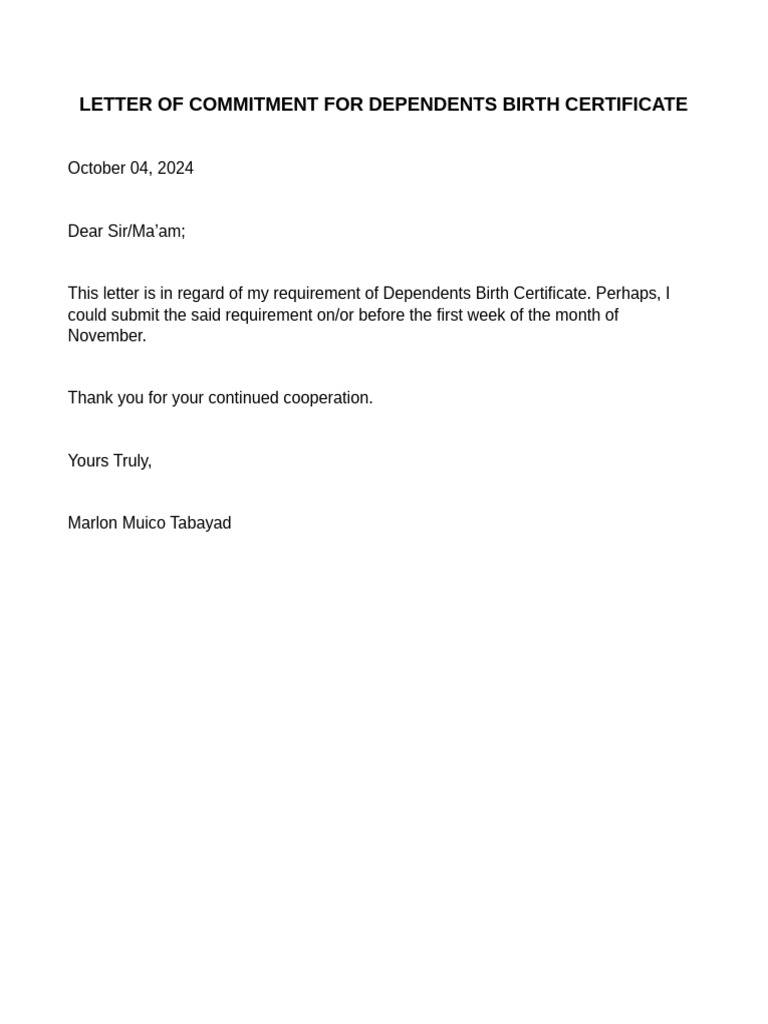 Request for Dependents Birth Certificate | PDF