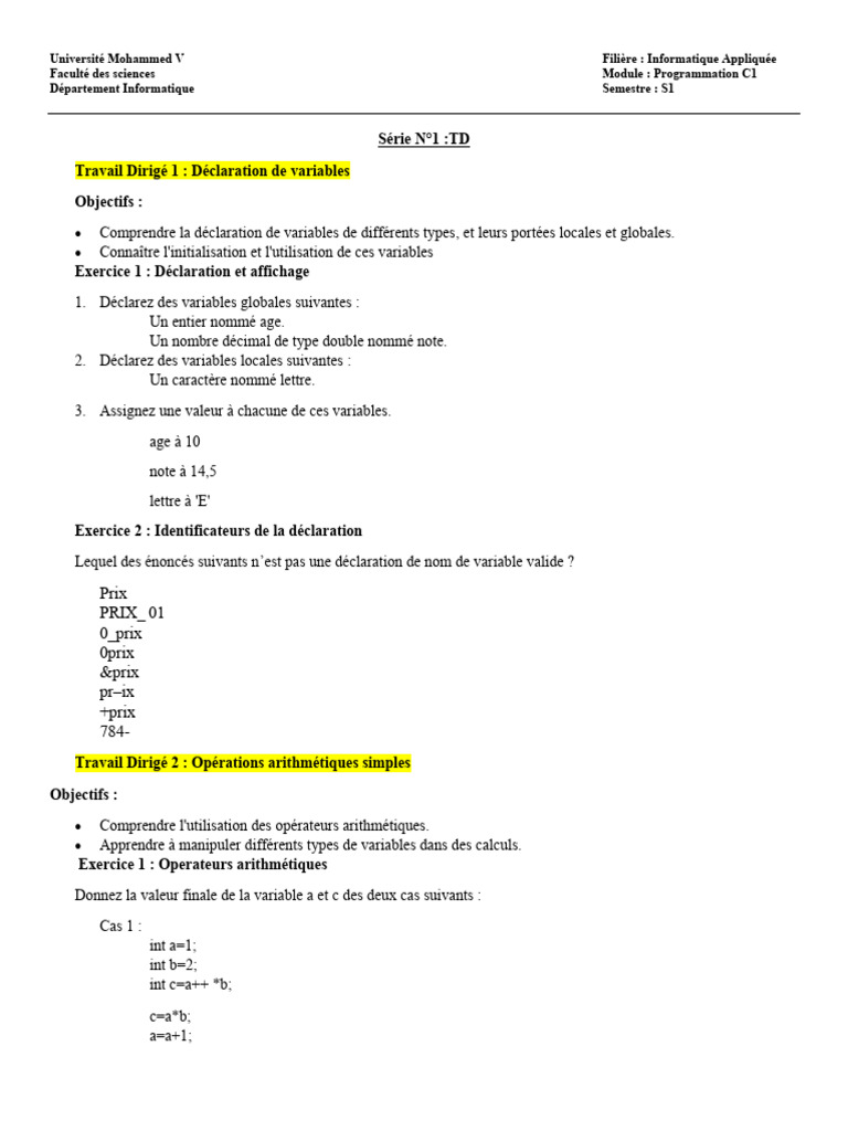 TD Programmation C1 : Variables et Opérations | PDF