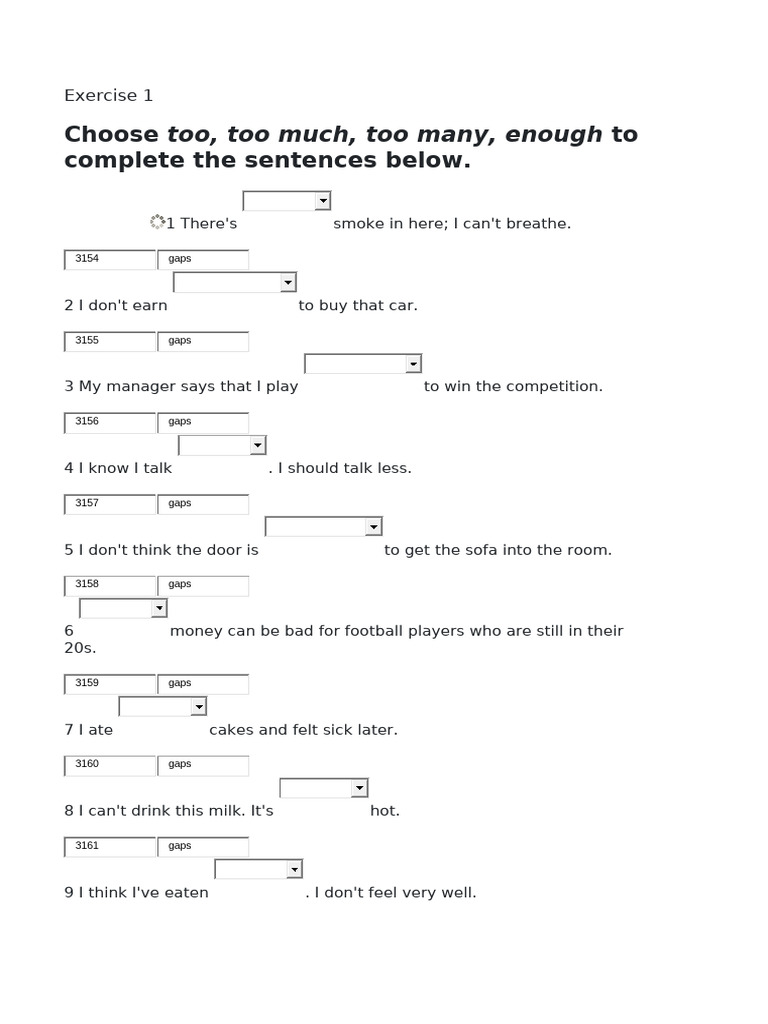 Grammar Exercise: Too, Enough, Many | PDF | Adverb | Noun