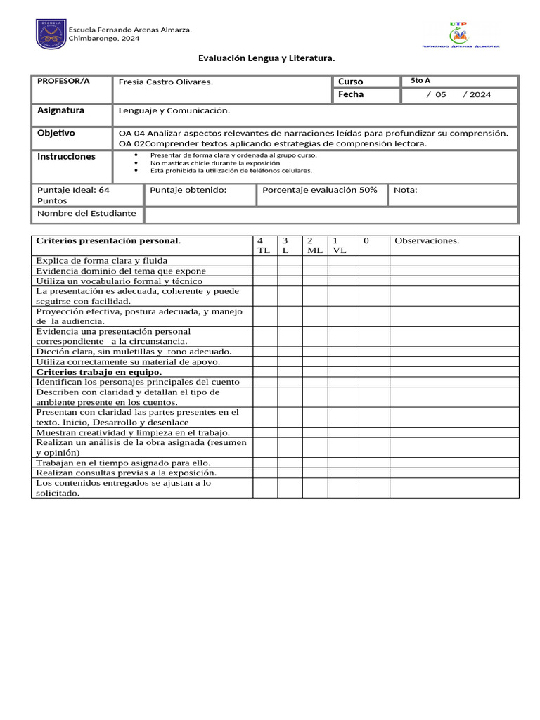 Evaluación de Lengua y Literatura 5to A | PDF | Artes del Lenguaje y ...
