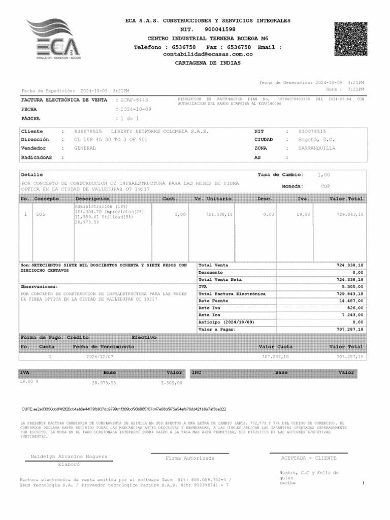Factura ECAF-8443 de ECA S.A.S. CONSTRUCCIONES Y SERVICIOS INTEGRALES ...