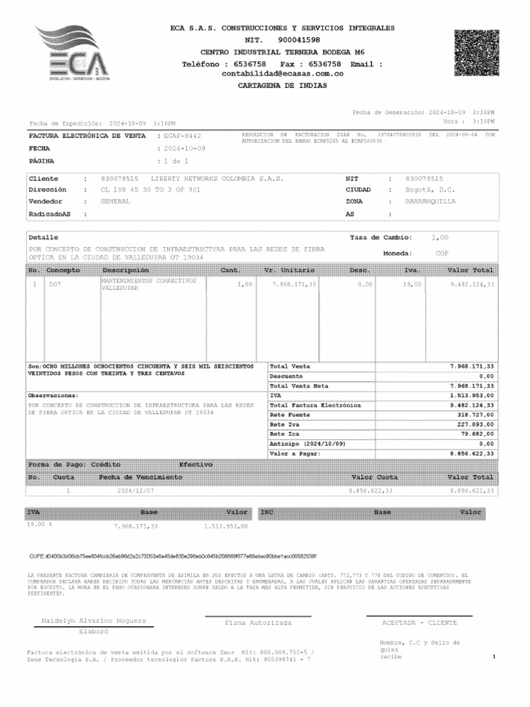Factura ECAF-8442 de ECA S.A.S. CONSTRUCCIONES Y SERVICIOS INTEGRALES ...