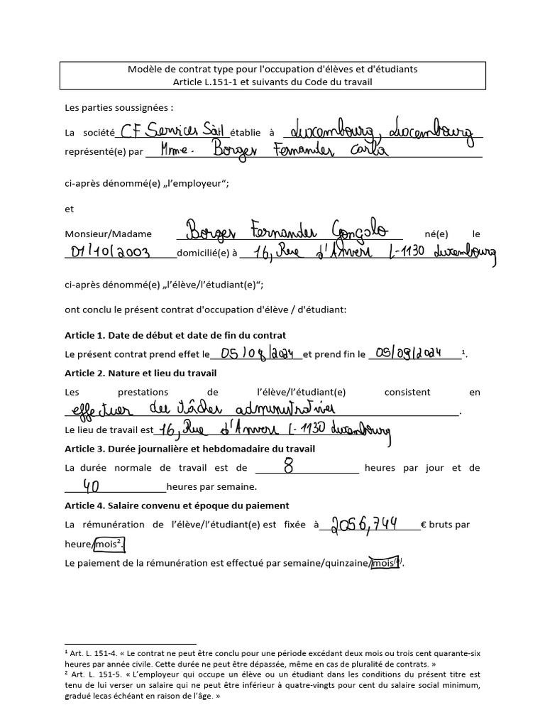 Contrat de travail étudiant type | PDF | Salaires