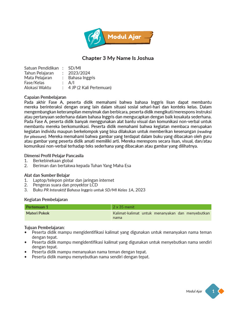 Modul Ajar PR Bahasa Inggris 1A 2023-2024 Chapter 3 | PDF
