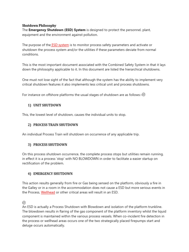 ESD System Shutdown Philosophy | PDF | Technology & Engineering