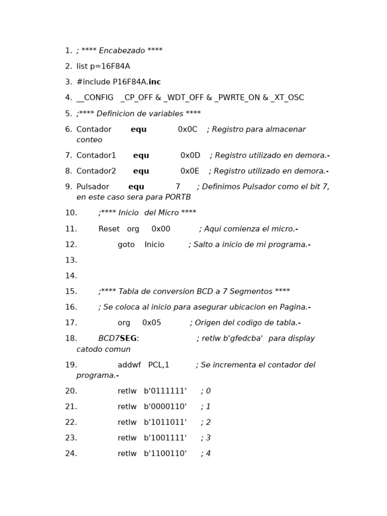 Código PIC: Contador BCD a 7 Segmentos | PDF