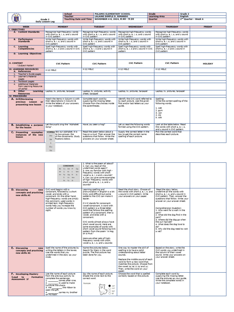 Grade 2 English Daily Lesson Plan | PDF | Consonant | Vowel