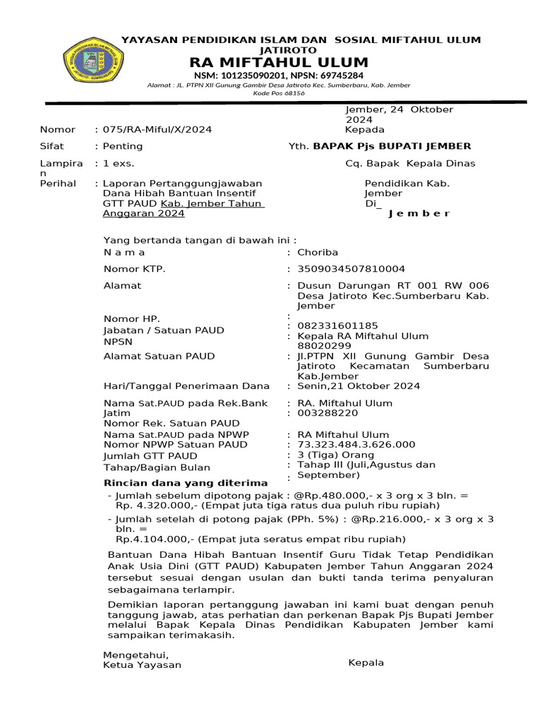 1 Contoh Surat LPJ Insentif THP II-2024 | PDF
