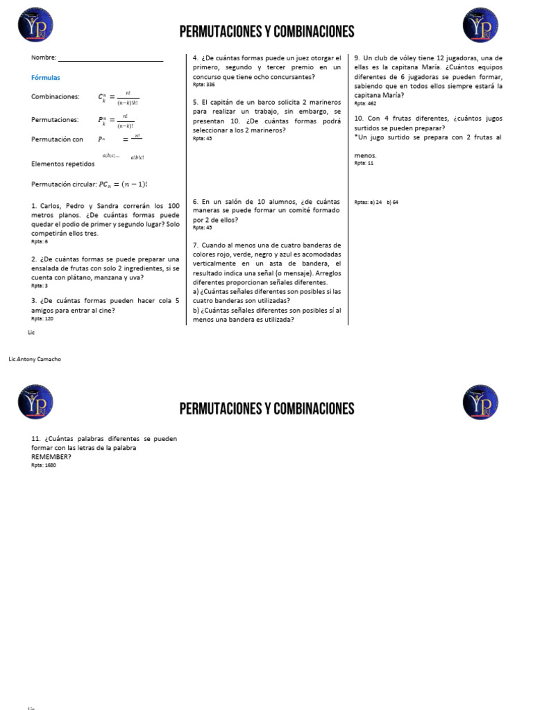 Combinaciones y Permutaciones en Problemas Matemáticos | PDF