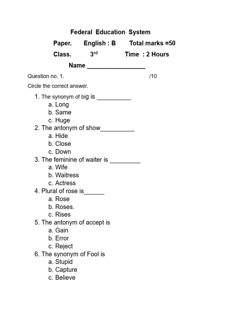 3rd Grade English Exam Paper | PDF | Language Arts & Discipline ...