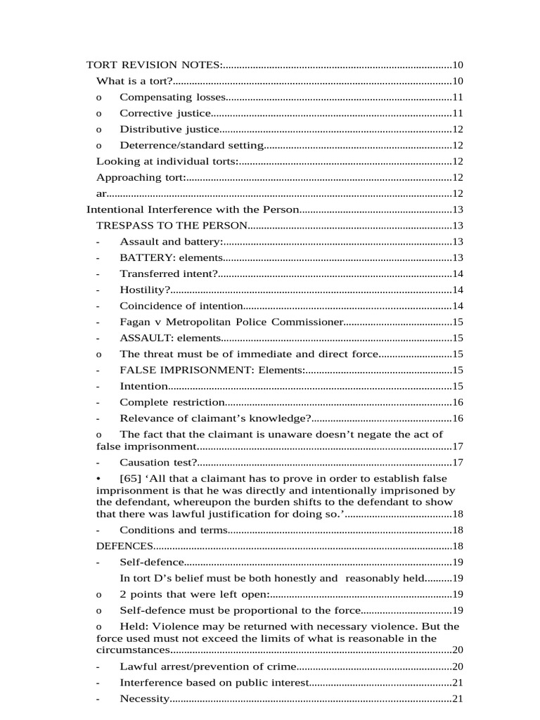 Tort Revision Notes | PDF | Tort | Damages