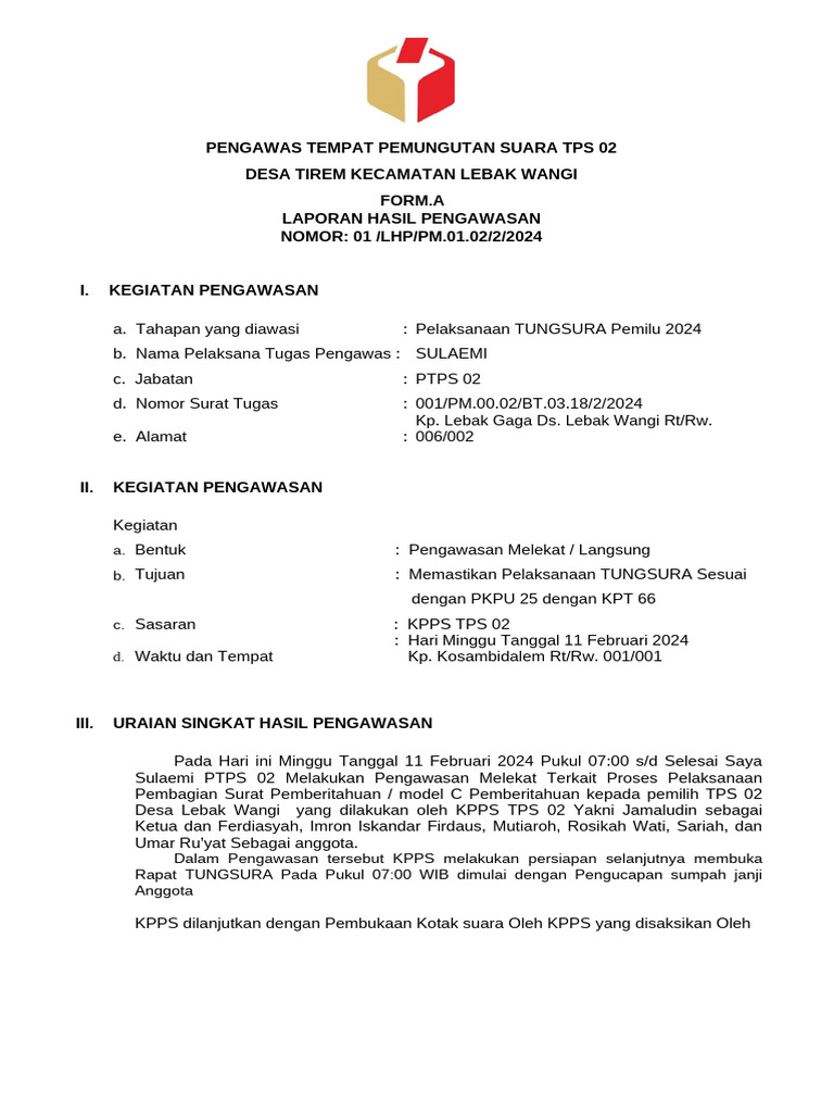 Contoh Form A Pengawasan Pelaksanaan Tungsura PDF