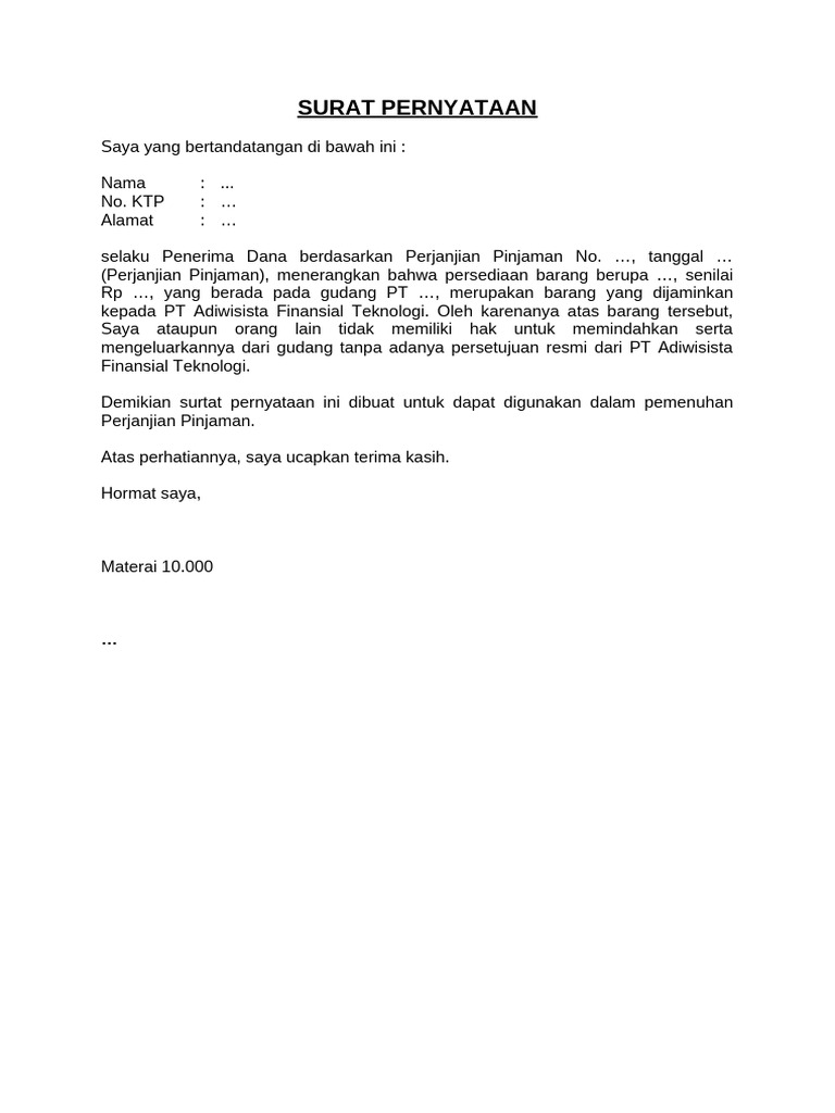 Surat Pernyataan (Inventory FInancing) | PDF