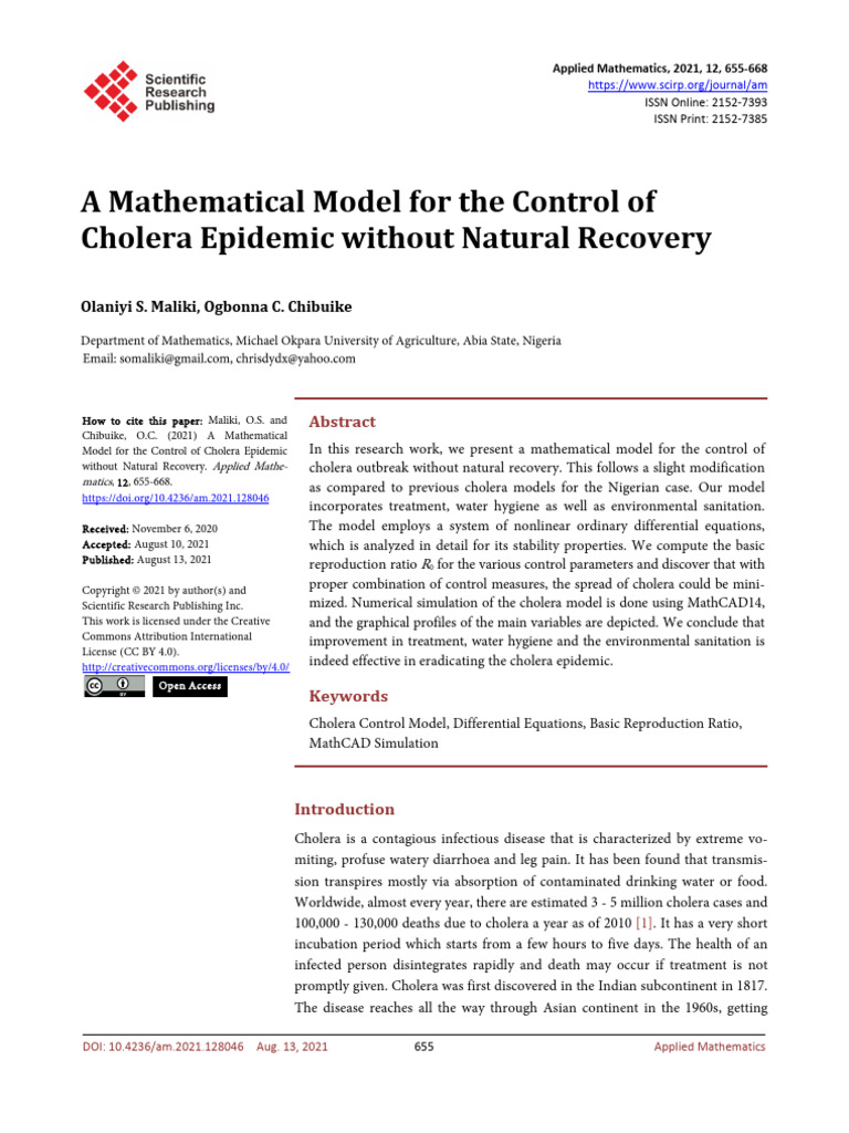 A Mathematical Model For The Control of | PDF | Cholera | Public Health