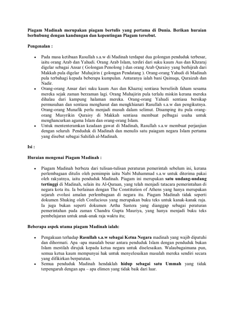 Piagam Madinah Merupakan Piagam Bertulis Yang Pertama Di Dunia Pdf