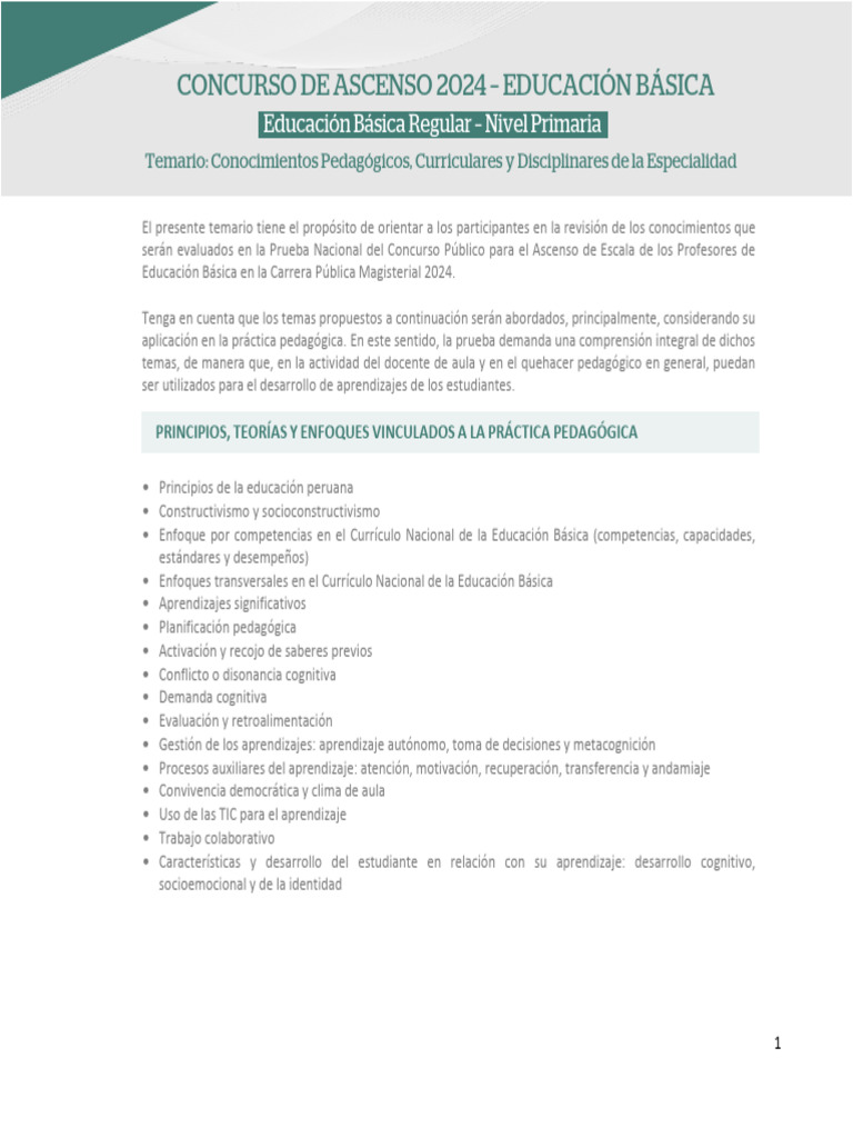 TEMARIO ASCENSO 2024 | PDF | Plan de estudios | Educación primaria