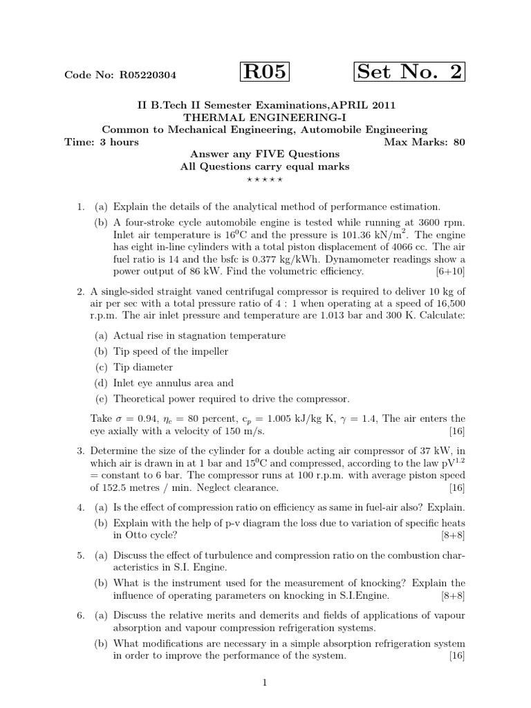 Thermal Engineering Question Pdf Engines Refrigeration