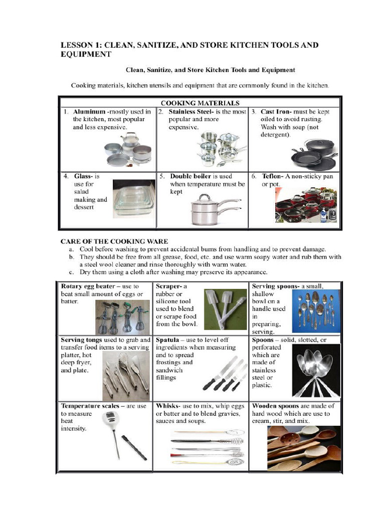 Handouts Clean, Sanitize, and Store Kitchen Tools and Equipment ...