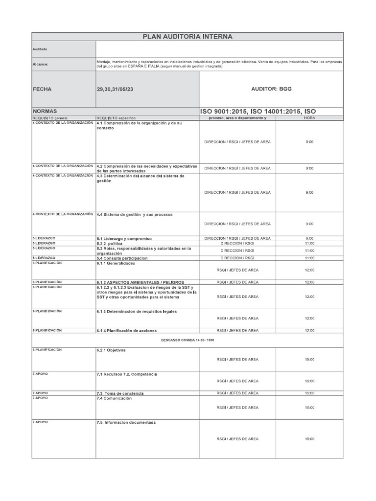 Plan de Auditoria Interna - Rev | PDF