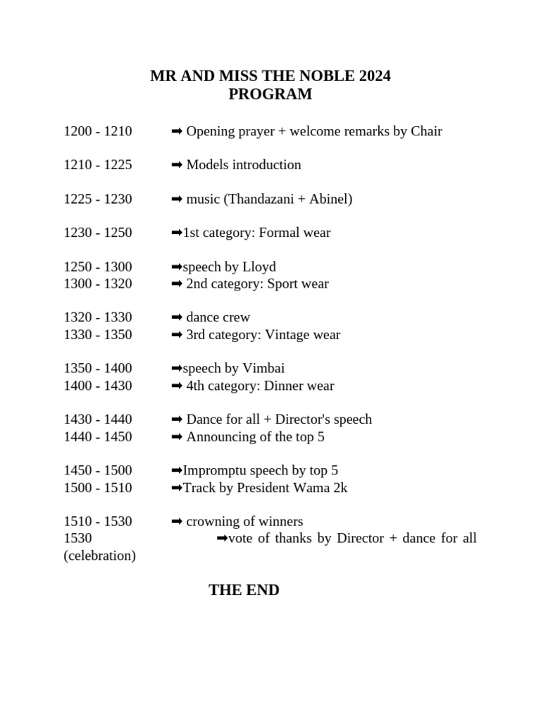 MR and MISS Noble 2024 Event Schedule | PDF