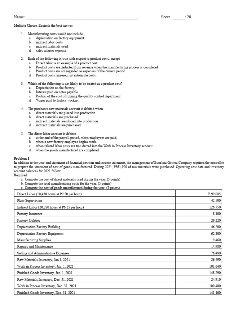 Manufacturing Activity Pdf Cost Of Goods Sold Expense