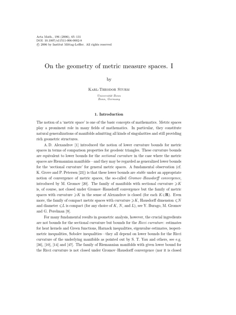 On The Geometry of Metric Measure Spaces. I: Karl-Theodor Sturm | PDF ...
