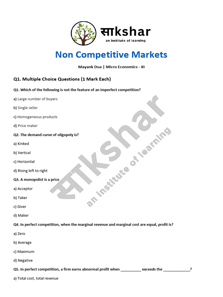 Non-Competitive Markets Quiz | PDF | Oligopoly | Monopoly