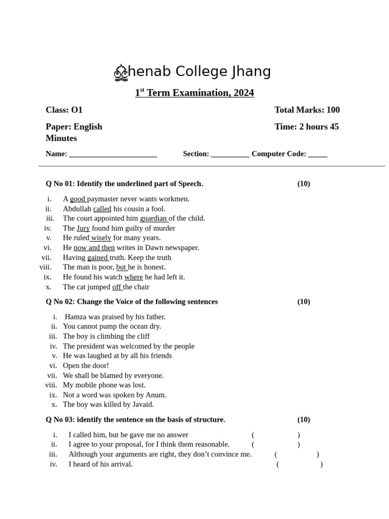 English Exam Paper for O1, 2024 | PDF