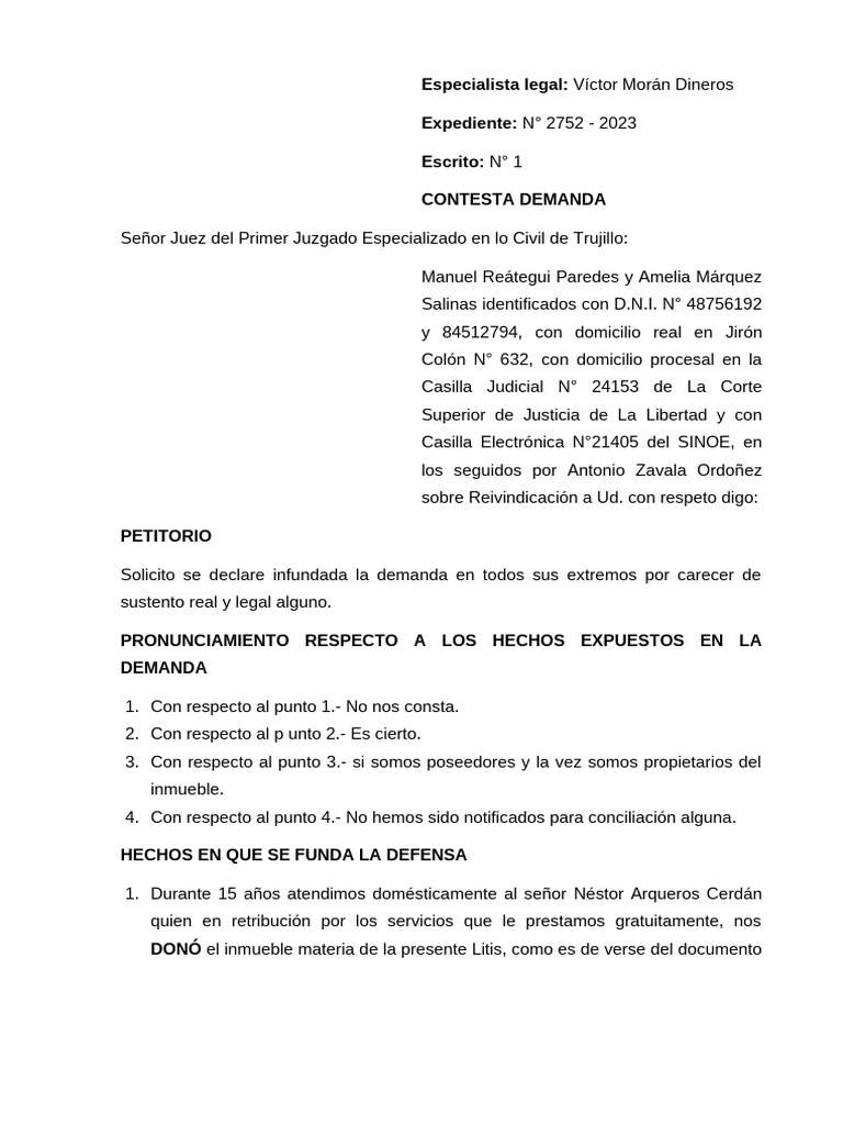 Contestación de Demanda de Reivindicación | PDF | Demanda judicial ...