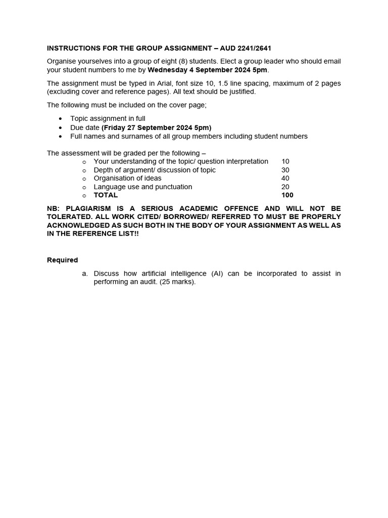 Group Assignment Instructions for AUD 2241/2641 | PDF