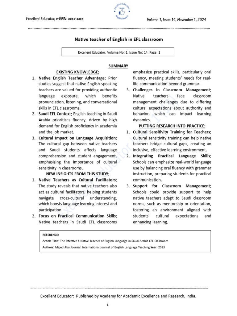 Native Teacher of English in EFL Classroom | PDF | Teachers | English ...