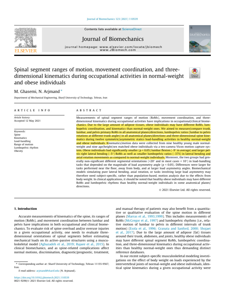 Journal of Biomechanics: M. Ghasemi, N. Arjmand | PDF | Anatomical ...