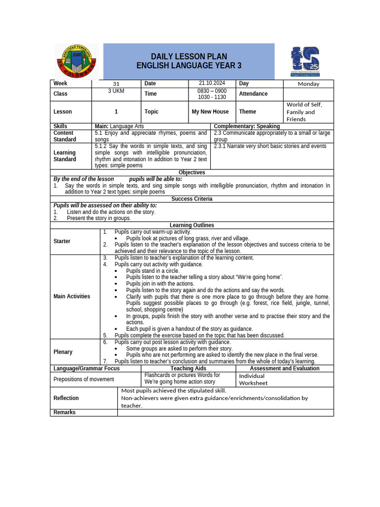 Year 3 English Lesson Plan: My New House | PDF | Teachers | Lesson Plan