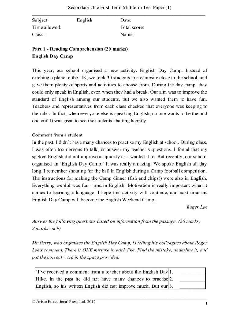Secondary One First Term Mid-Term Test Paper | PDF