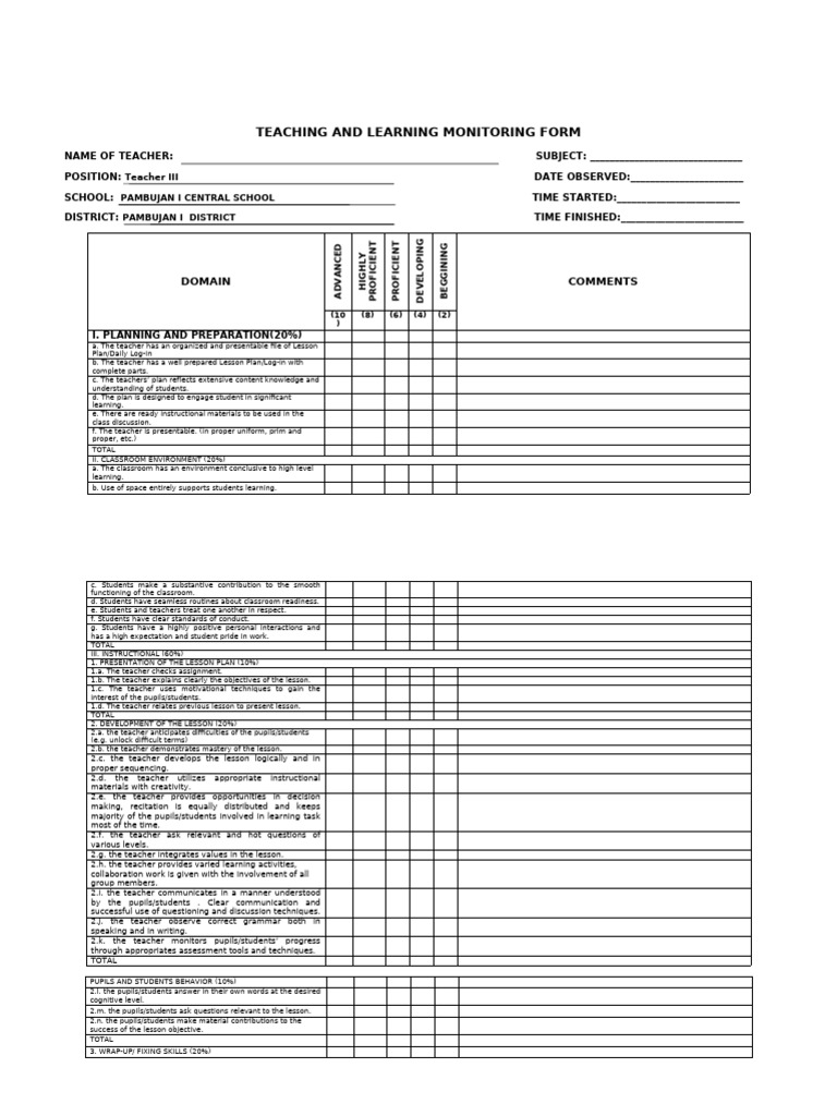 Teacher Observation Monitoring Form | PDF | Teachers | Learning