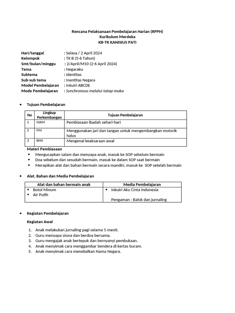 RPPH Kurikulum Merdeka TK B Identitas | PDF