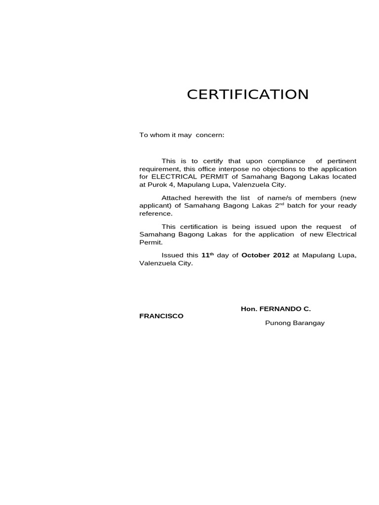 Electrical Permit Certifications Valenzuela | PDF | Social Science ...