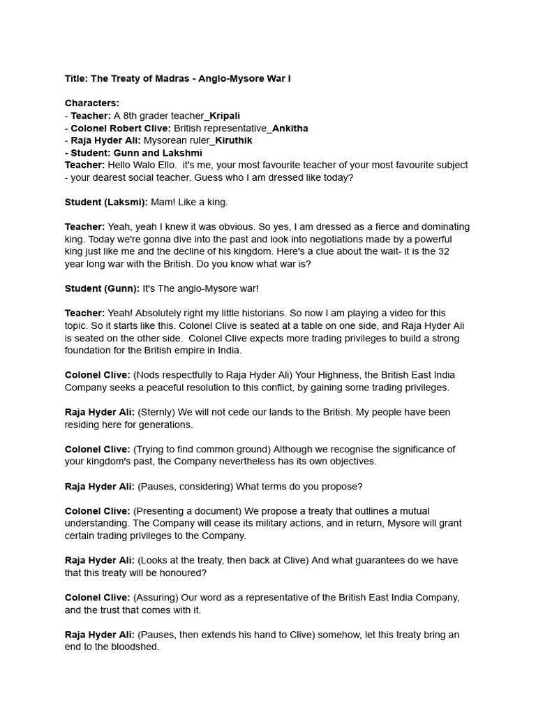 Mysore Wars Drama Script PDF Foreign Relations Of Great Britain