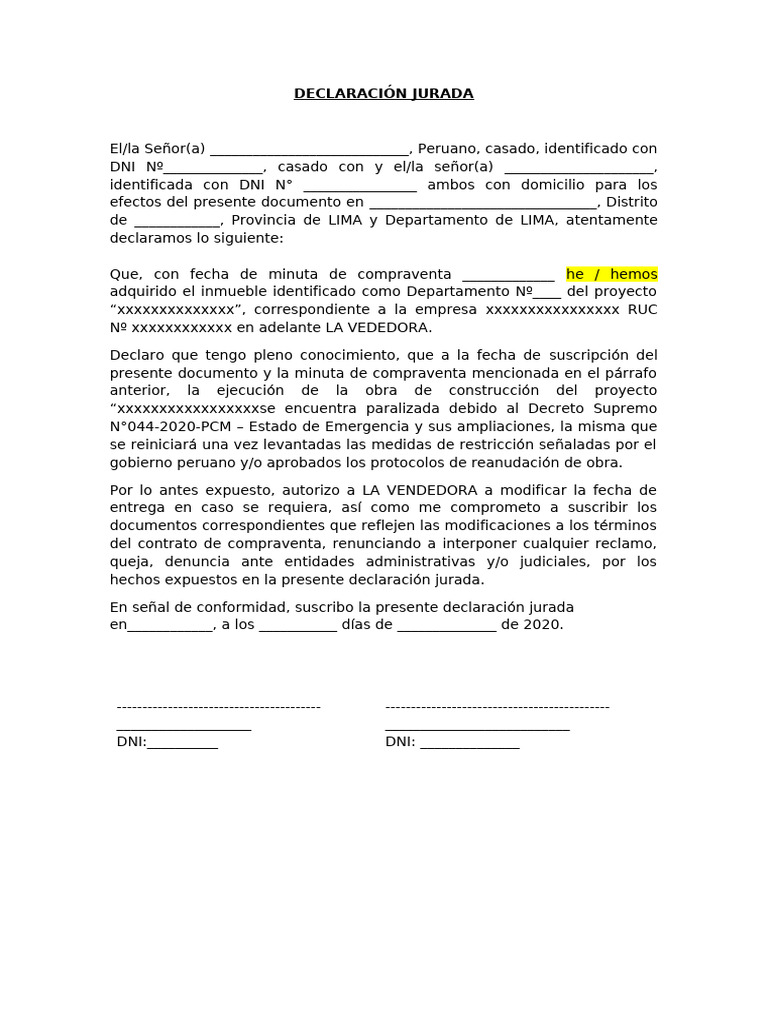Modelo - Declaracion Jurada - ESTADO DE EMERGENCIA | PDF