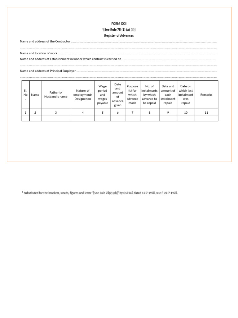 Form XXII: Register of Advances | PDF