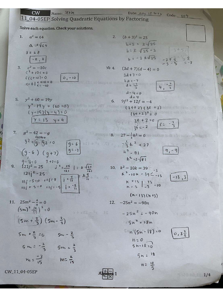 Solving Quadratic Equation by Factoring | PDF