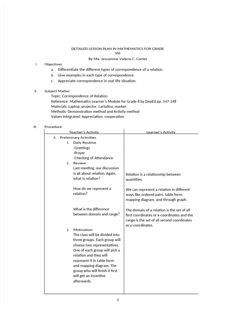PDF Lesson Plan in Mathematics Grade 8 Jhess | PDF | Function ...