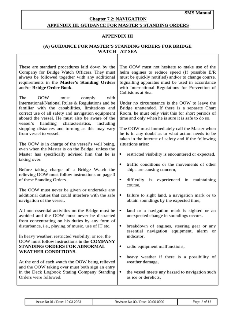 Master's Standing Orders for Bridge Watch | PDF | Navigation | Anchor