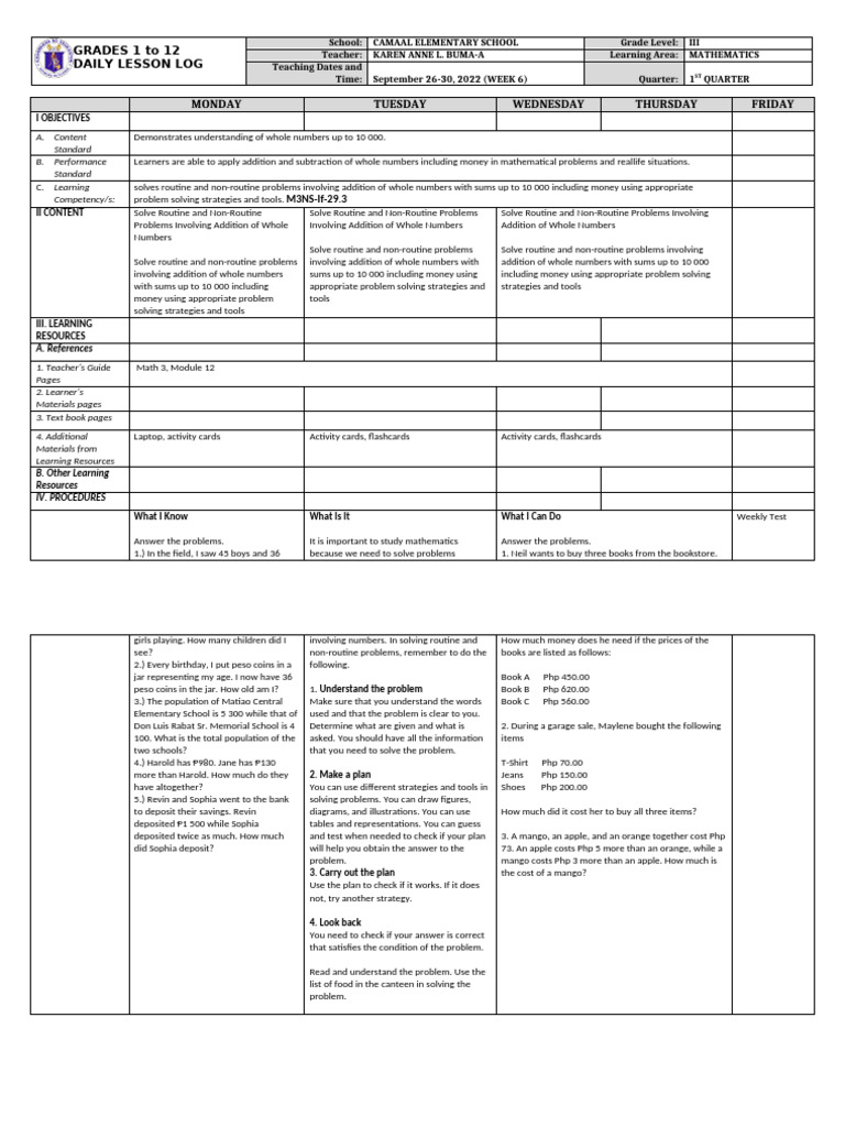 Grade 3 Math Lesson Plan: Addition | PDF | Learning | Teachers