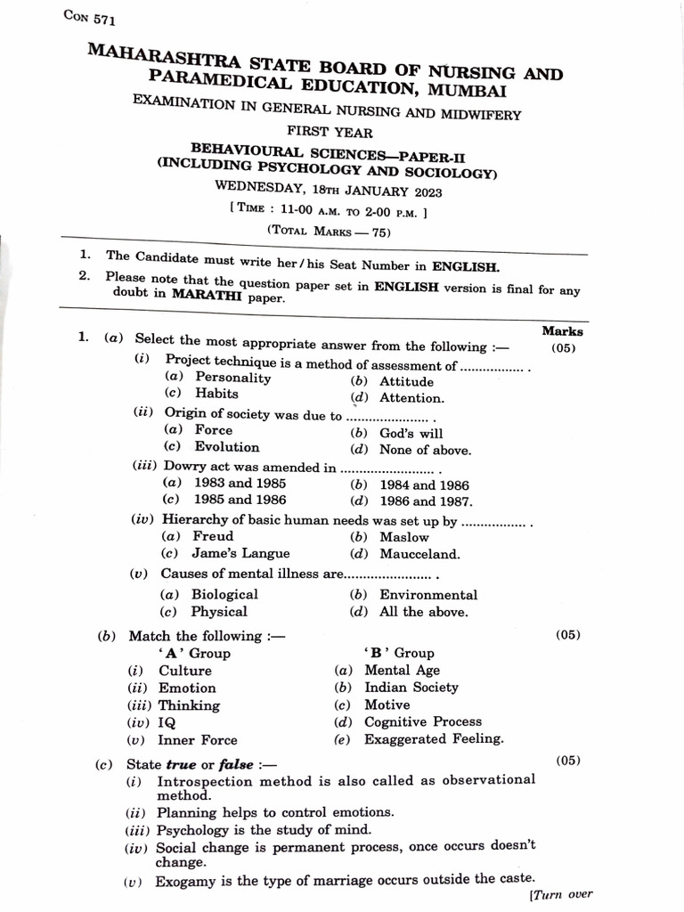 GNM 1st Year Behavioral Science Exam Paper | PDF | Psychology | Emotions