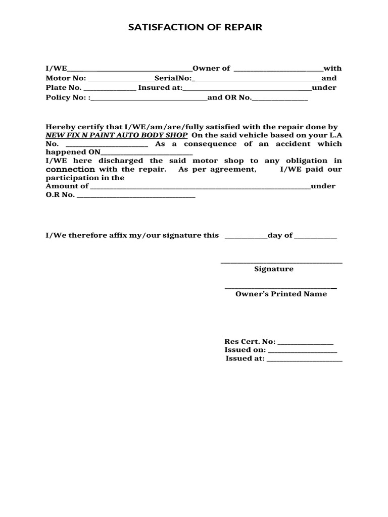 Vehicle Repair Satisfaction Certificate | PDF | Finance & Money Management
