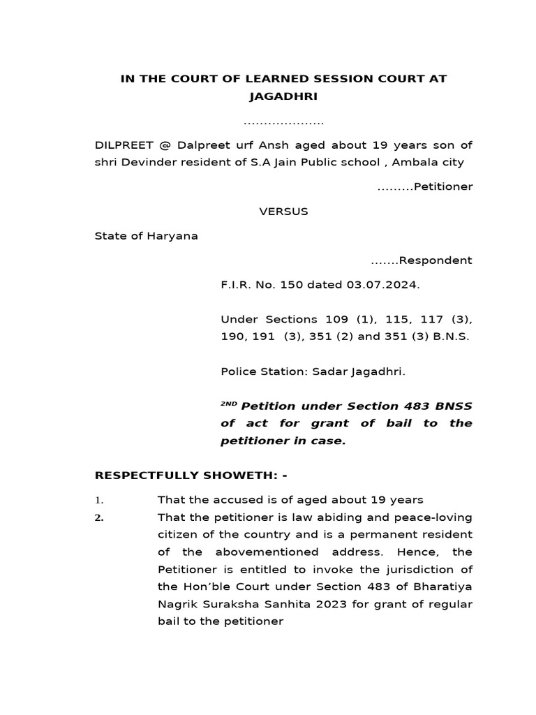 Bail Petition for Dilpreet in Haryana | PDF | Bail | Affidavit
