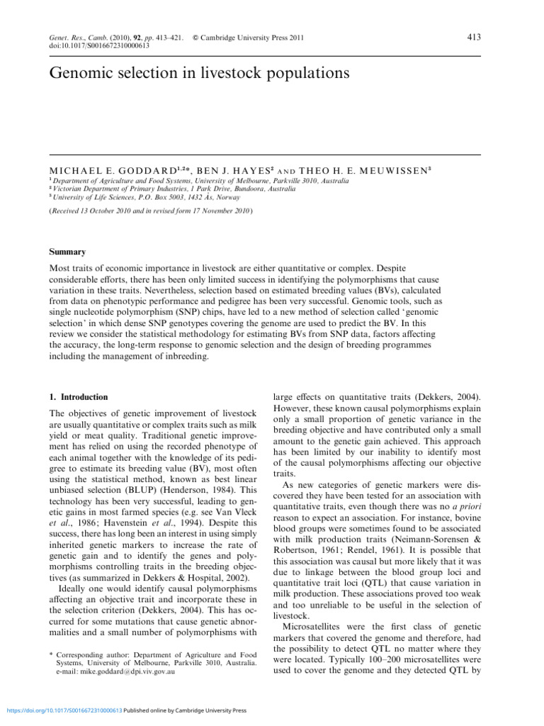 Genomic Selection in Livestock Populations | PDF | Quantitative Trait ...